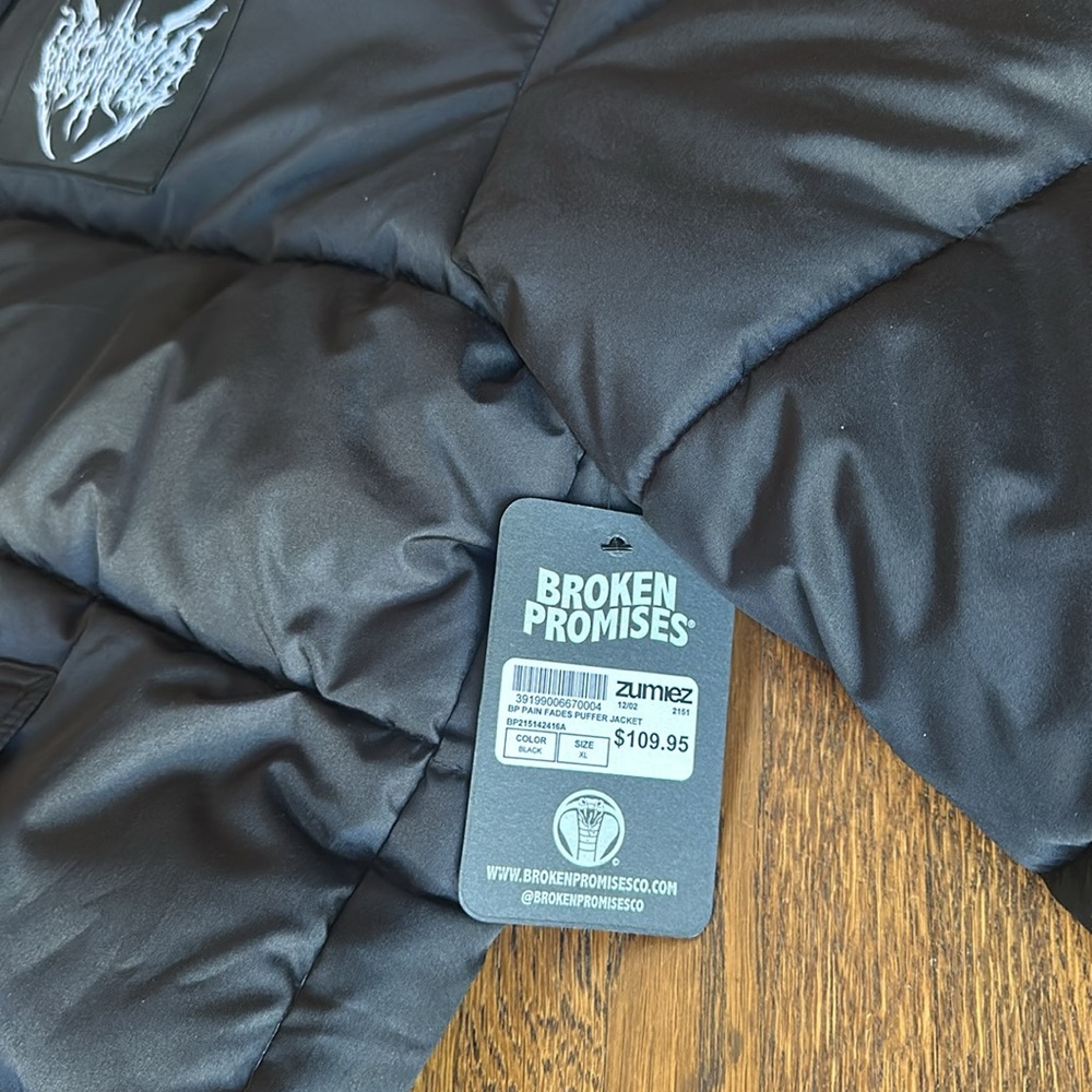 Broken Promises Men’s Black Puffer Jacket with Logo - Picture 5 of 7